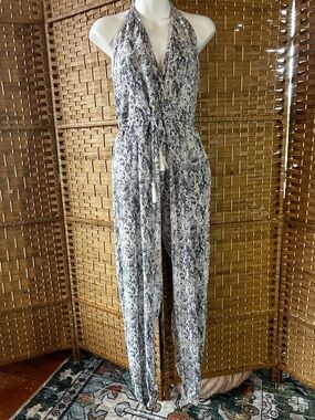 Olivaceous Halter Jumpsuit Snakeskin Print Tassel Tie Waist Open Back Small